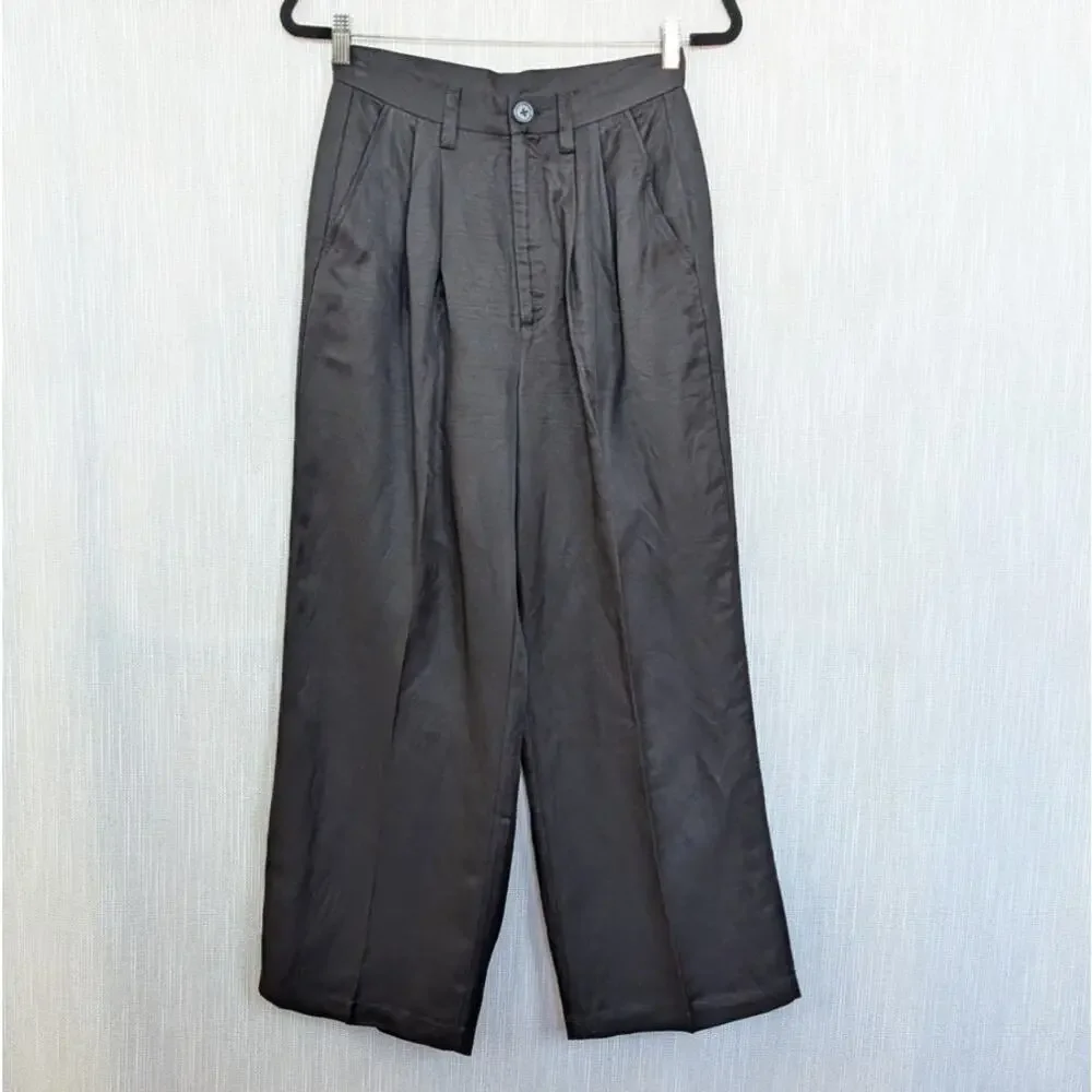 Anine Bing Carrie Pants Womens 38/S Black Linen Blend Pleated High-rise Wide Leg